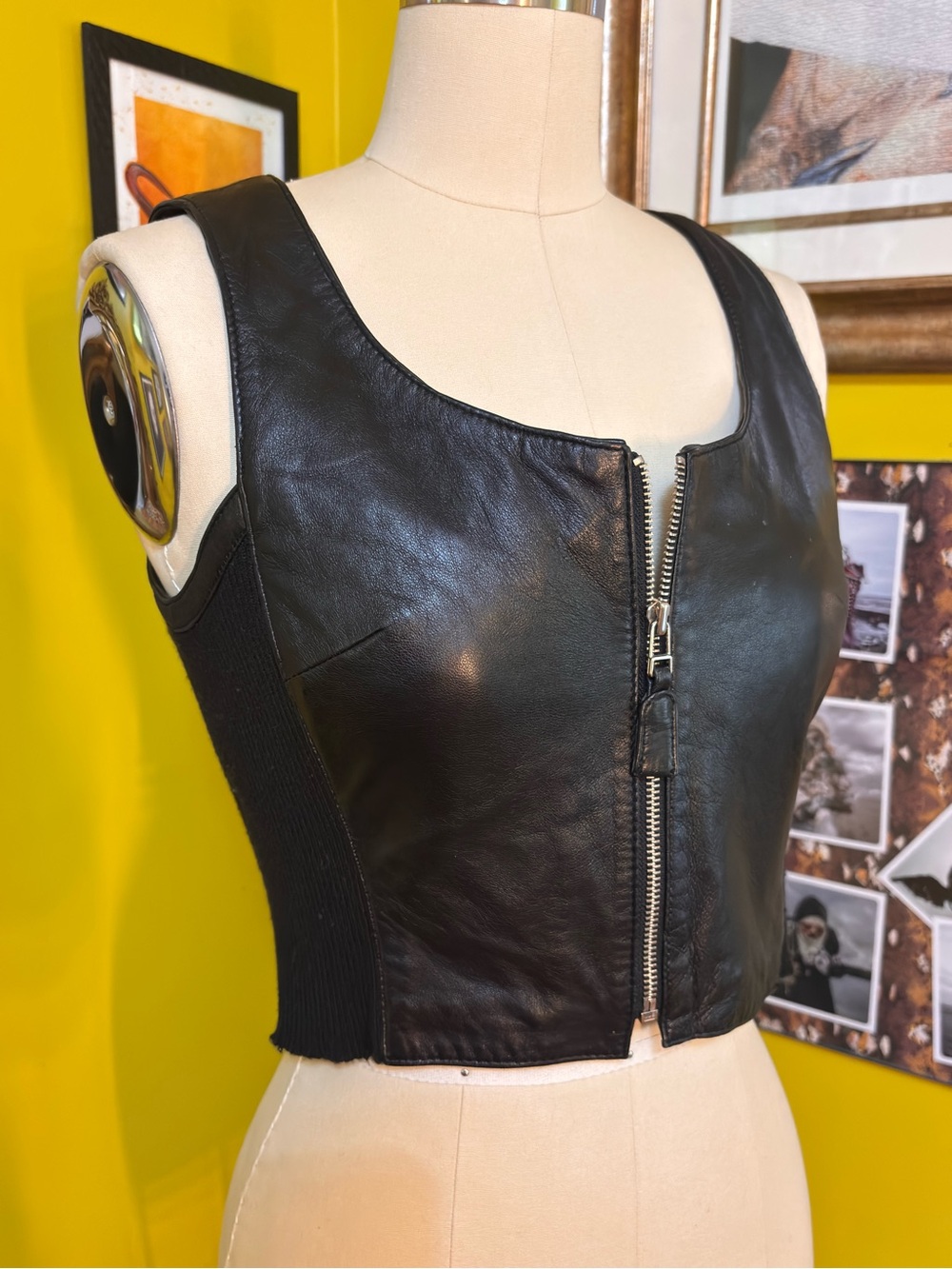 Vintage Limited Black Genuine Leather Zip Crop Top Corset Small